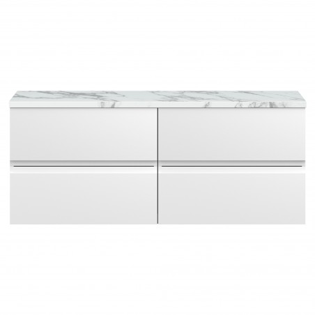 Urban 1200mm Wall Hung 4 Drawer Unit With Carrera Marble Laminate Worktop - Satin White