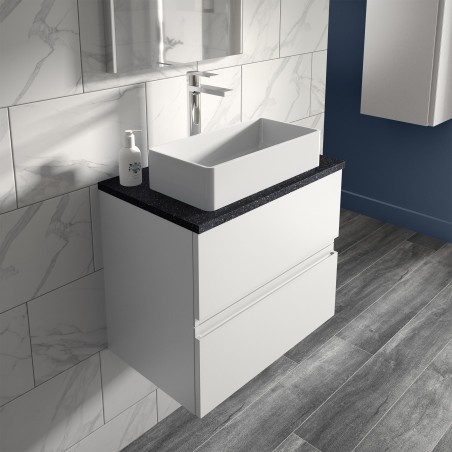 Urban 600mm Wall Hung 2 Drawer Vanity Unit & Sparkling Black Worktop - Satin White