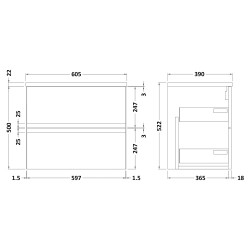 Urban 600mm Wall Hung 2 Drawer Vanity Unit & Sparkling Black Worktop - Satin White - Technical Drawing