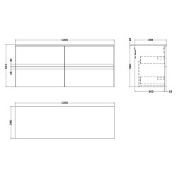 Urban 1200mm Wall Hung 4 Drawer Unit With White Sparkle Laminate Worktop - Satin White - Technical Drawing