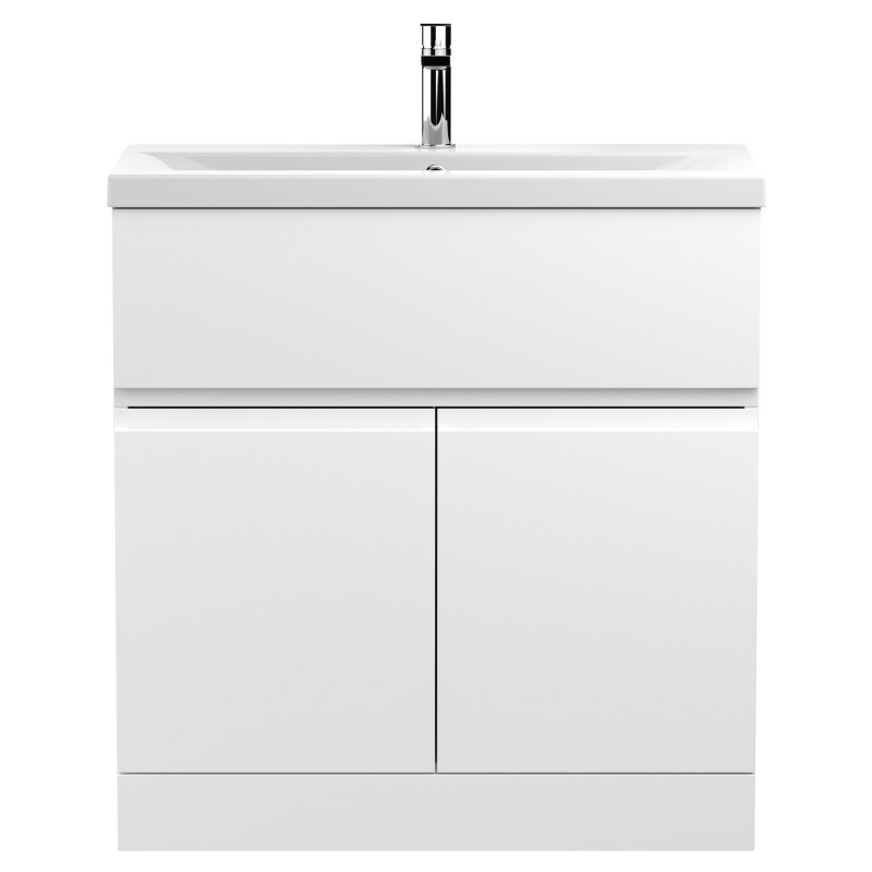 Urban 800mm Freestanding 2 Door Vanity Unit & Mid-Edge Ceramic Basin - Satin White Urban 800mm Freestanding 2 Door Vanity Unit & Mid-Edge Ceramic Basin - Satin White