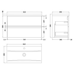 Urban 800mm Wall Hung 2 Drawer Vanity Unit & Mid-Edge Ceramic Basin - Satin White - Technical Drawing