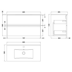 Urban 800mm Wall Hung 2 Drawer Vanity Unit & Minimalist Ceramic Basin - Satin White - Technical Drawing