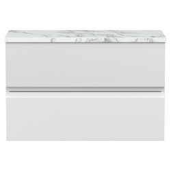 Urban 800mm Wall Hung 2 Drawer Unit With Carrera Marble Laminate Worktop - Satin White