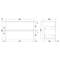 Urban 800mm Wall Hung 2 Drawer Unit With Carrera Marble Laminate Worktop - Satin White - Technical Drawing