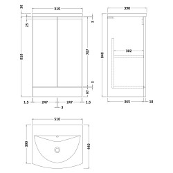 Urban 500mm Freestanding 2 Door Vanity Unit & Curved Ceramic Basin - Satin White - Technical Drawing