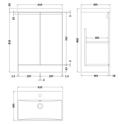 Urban 600mm Freestanding 2 Door Vanity Unit & Thin-Edge Ceramic Basin - Satin White - Technical Drawing