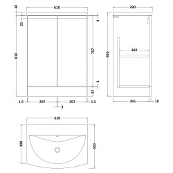 Urban 600mm Freestanding 2 Door Vanity Unit & Curved Ceramic Basin - Satin White - Technical Drawing