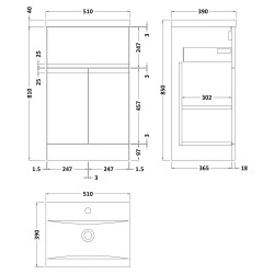 Urban 500mm Freestanding 2-Door 1-Drawer Vanity Unit with Mid-Edge Ceramic Basin - Soft Black - Technical Drawing