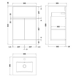 Urban 500mm Freestanding 2-Door 1-Drawer Vanity Unit with Minimalist Ceramic Basin - Soft Black - Technical Drawing