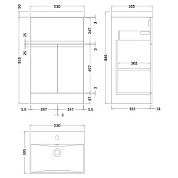 Urban 500mm Freestanding 2-Door 1-Drawer Vanity Unit with Thin-Edge Ceramic Basin - Soft Black - Technical Drawing
