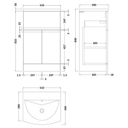 Urban 500mm Freestanding 2-Door 1-Drawer Vanity Unit with Curved Ceramic Basin - Soft Black - Technical Drawing