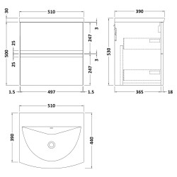 Urban 500mm Wall Hung 2-Drawer Vanity Unit with Curved Ceramic Basin - Soft Black - Technical Drawing
