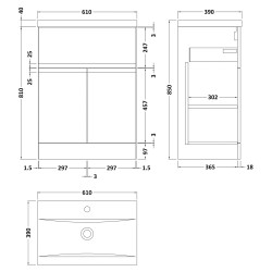 Urban 600mm Freestanding 2-Door 1-Drawer Vanity Unit with Mid-Edge Ceramic Basin - Soft Black - Technical Drawing