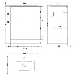 Urban 600mm Freestanding 2-Door 1-Drawer Vanity Unit with Minimalist Ceramic Basin - Soft Black - Technical Drawing