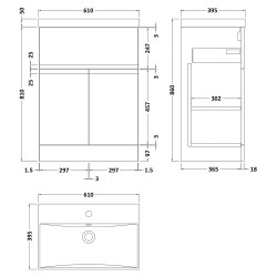 Urban 600mm Freestanding 2-Door 1-Drawer Vanity Unit with Thin-Edge Ceramic Basin - Soft Black - Technical Drawing