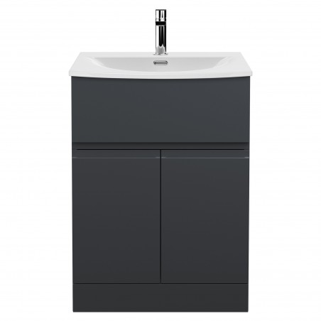 Urban 600mm Freestanding 2-Door 1-Drawer Vanity Unit with Curved Ceramic Basin - Soft Black