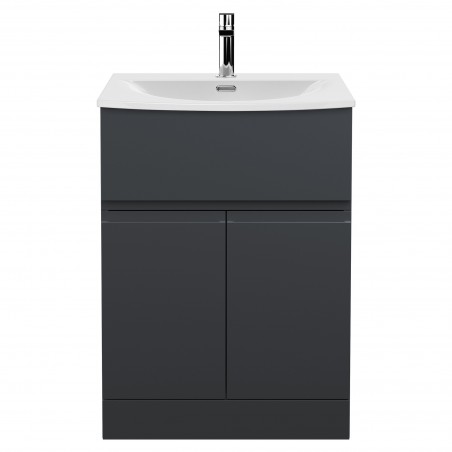 Urban 600mm Freestanding 2-Door 1-Drawer Vanity Unit with Curved Ceramic Basin - Soft Black