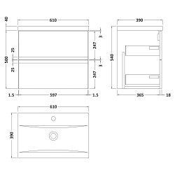 Urban 600mm Wall Hung 2-Drawer Vanity Unit with Mid-Edge Ceramic Basin - Soft Black - Technical Drawing