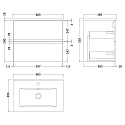 Urban 600mm Wall Hung 2-Drawer Vanity Unit with Minimalist Ceramic Basin - Soft Black - Technical Drawing