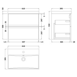 Urban 600mm Wall Hung 2-Drawer Vanity Unit with Thin-Edge Ceramic Basin - Soft Black - Technical Drawing