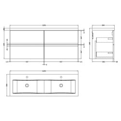 Urban 1200mm Wall Hung 4-Drawer Vanity Unit with Double Ceramic Basin - Soft Black - Technical Drawing