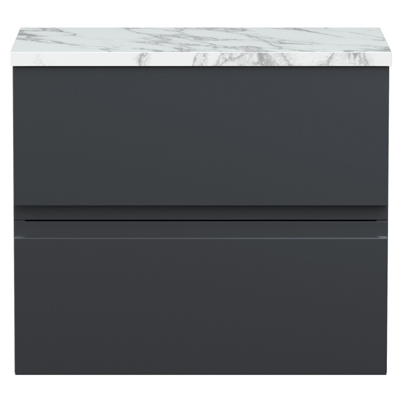 Urban 600mm Wall Hung 2 Drawer Unit With Carrera Marble Laminate Worktop - Soft Black Urban 600mm Wall Hung 2 Drawer Unit With Carrera Marble Laminate Worktop - Soft Black