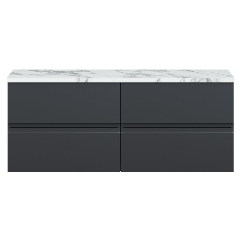 Urban 1200mm Wall Hung 4 Drawer Unit With Carrera Marble Laminate Worktop - Soft Black Urban 1200mm Wall Hung 4 Drawer Unit With Carrera Marble Laminate Worktop - Soft Black