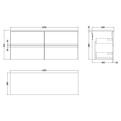 Urban 1200mm Wall Hung 4 Drawer Unit With Black Sparkle Laminate Worktop - Soft Black - Technical Drawing