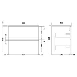 Urban 600mm Wall Hung 2-Drawer Vanity Unit with Matching Laminate Worktop - Soft Black - Technical Drawing