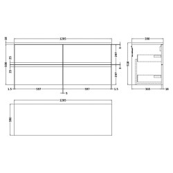 Urban 1200mm Wall Hung 4-Drawer Vanity Unit with Matching Laminate Worktop - Soft Black - Technical Drawing