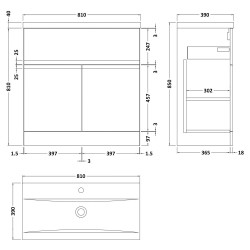 Urban 800mm Freestanding 2-Door Vanity Unit with Mid-Edge with Mid-Edge Ceramic Basin - Soft Black - Technical Drawing