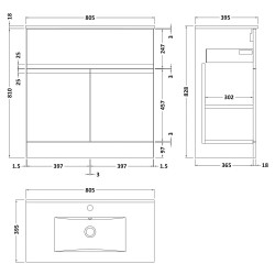 Urban 800mm Freestanding 2-Door Vanity Unit with Minimalist Ceramic Basin - Soft Black - Technical Drawing