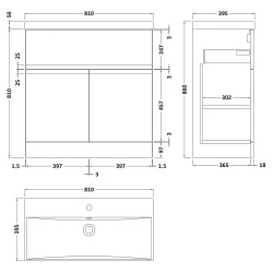 Urban 800mm Freestanding 2-Door Vanity Unit with Thin-Edge Ceramic Basin - Soft Black - Technical Drawing