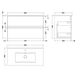 Urban 800mm Wall Hung 2-Drawer Vanity Unit with Minimalist Ceramic Basin - Soft Black - Technical Drawing