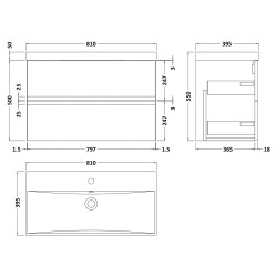 Urban 800mm Wall Hung 2-Drawer Vanity Unit with Thin-Edge Ceramic Basin - Soft Black - Technical Drawing