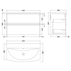 Urban 800mm Wall Hung 2-Drawer Vanity Unit with Curved Ceramic Basin - Soft Black - Technical Drawing