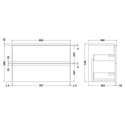 Urban 800mm Wall Hung 2-Drawer Vanity Unit with Matchning Laminate Worktop - Soft Black - Technical Drawing