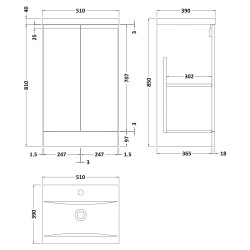 Urban 500mm Freestanding 2-Door Vanity Unit with Mid-Edge Ceramic Basin - Soft Black - Technical Drawing