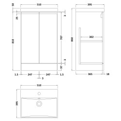 Urban 500mm Freestanding 2-Door Vanity Unit with Thin-Edge Ceramic Basin - Soft Black - Technical Drawing