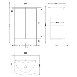 Urban 500mm Freestanding 2-Door Vanity Unit with Curved Ceramic Basin - Soft Black - Technical Drawing