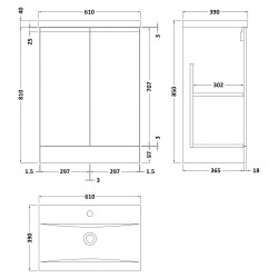 Urban 600mm Freestanding 2-Door Vanity Unit with Mid-Edge Ceramic Basin - Soft Black - Technical Drawing