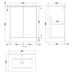 Urban 600mm Freestanding 2-Door Vanity Unit with Minimalist Ceramic Basin - Soft Black - Technical Drawing