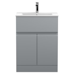Urban 600mm Freestanding 2 Door & Drawer Vanity Unit & Minimalist Ceramic Basin - Urban Satin Grey