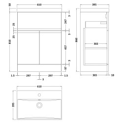 Urban 600mm Freestanding 2 Door & Drawer Vanity Unit & Thin-Edge Ceramic Basin - Urban Satin Grey - Technical Drawing