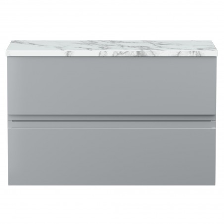 Urban 800mm Wall Hung 2 Drawer Unit With Carrera Marble Laminate Worktop - Satin Grey