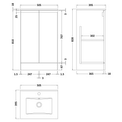 Urban 500mm Freestanding 2 Door Vanity Unit & Minimalist Ceramic Basin - Urban Satin Grey - Technical Drawing