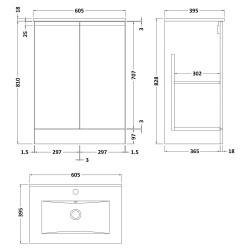 Urban 600mm Freestanding 2 Door Vanity Unit & Minimalist Ceramic Basin - Urban Satin Grey - Technical Drawing