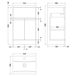 Urban 500mm Freestanding 2 Door & Drawer Vanity Unit & Mid-Edge Ceramic Basin - Satin Blue - Technical Drawing