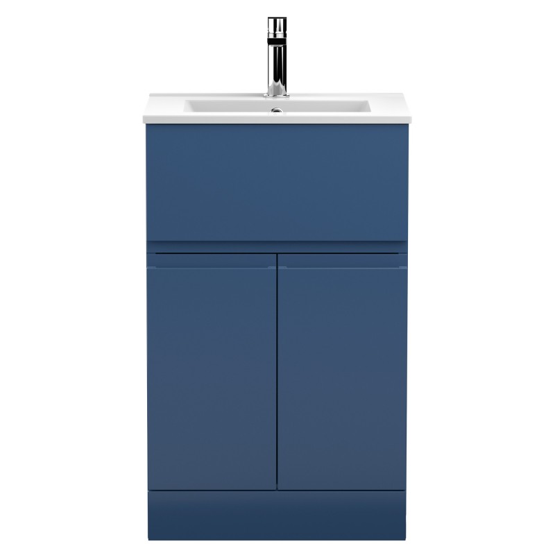 Urban 500mm Freestanding 2 Door & Drawer Vanity Unit & Minimalist Ceramic Basin - Satin Blue Urban 500mm Freestanding 2 Door & Drawer Vanity Unit & Minimalist Ceramic Basin - Satin Blue